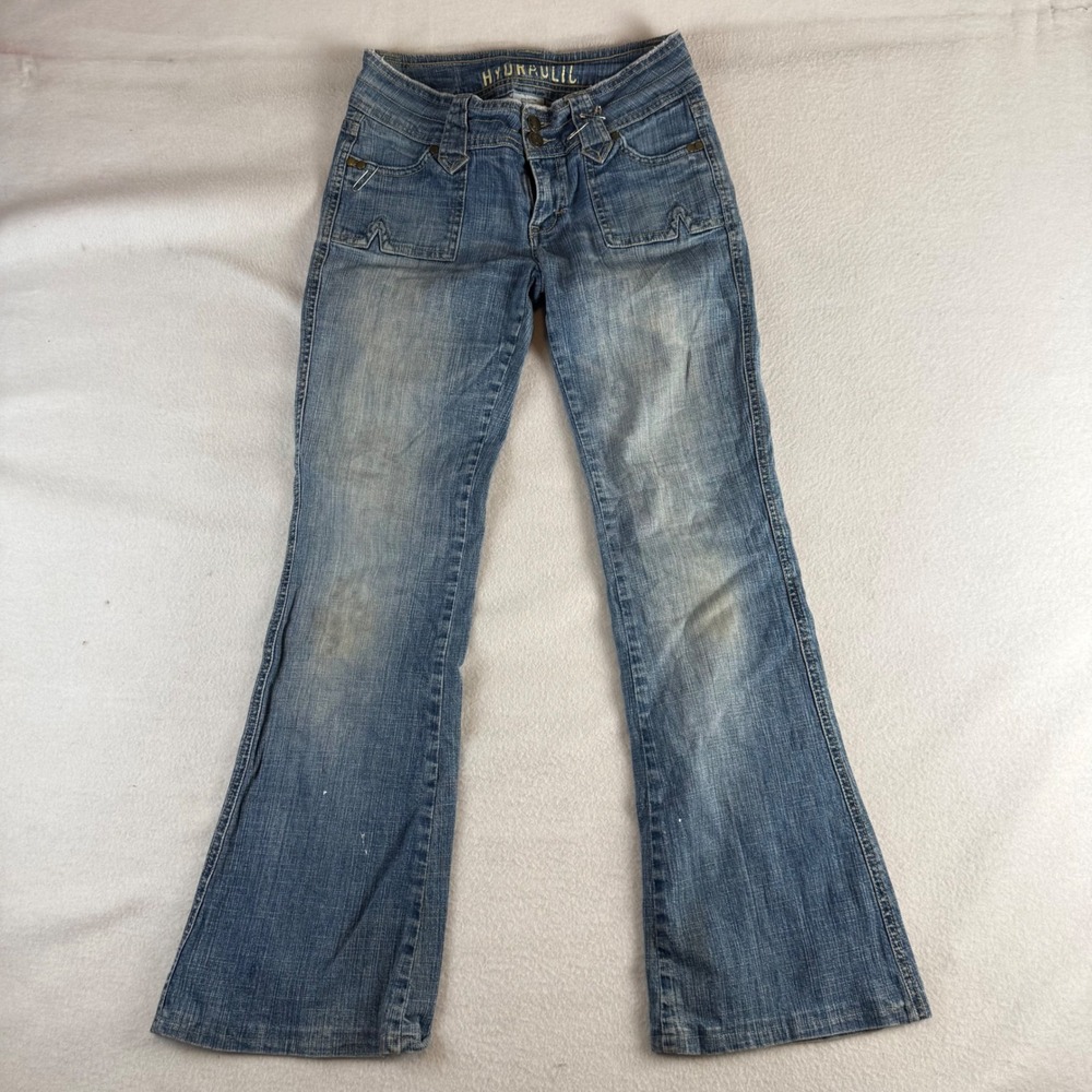 Hydraulic Womens Low Rise Flare Jeans Medium Wash Patch Pockets Size 5/6 Y2K